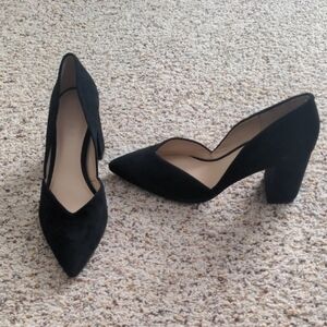Black Suede Pointed-Toe Block Heel Pumps